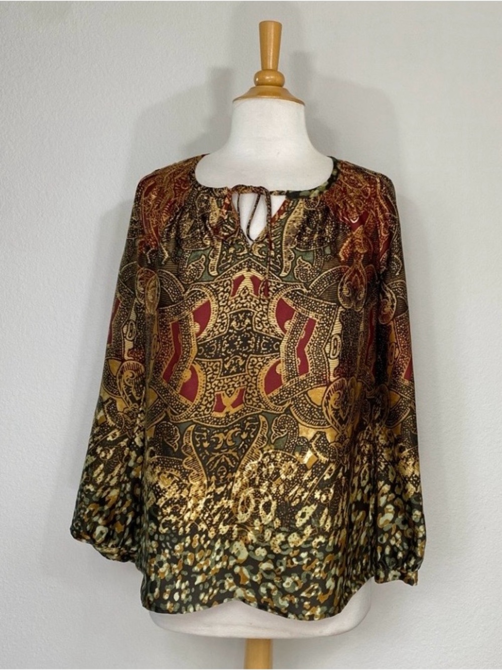 Jones NY Womens Bronze Olive Animal Paisley Collar Tie Balloon Sleeve Blouse MP